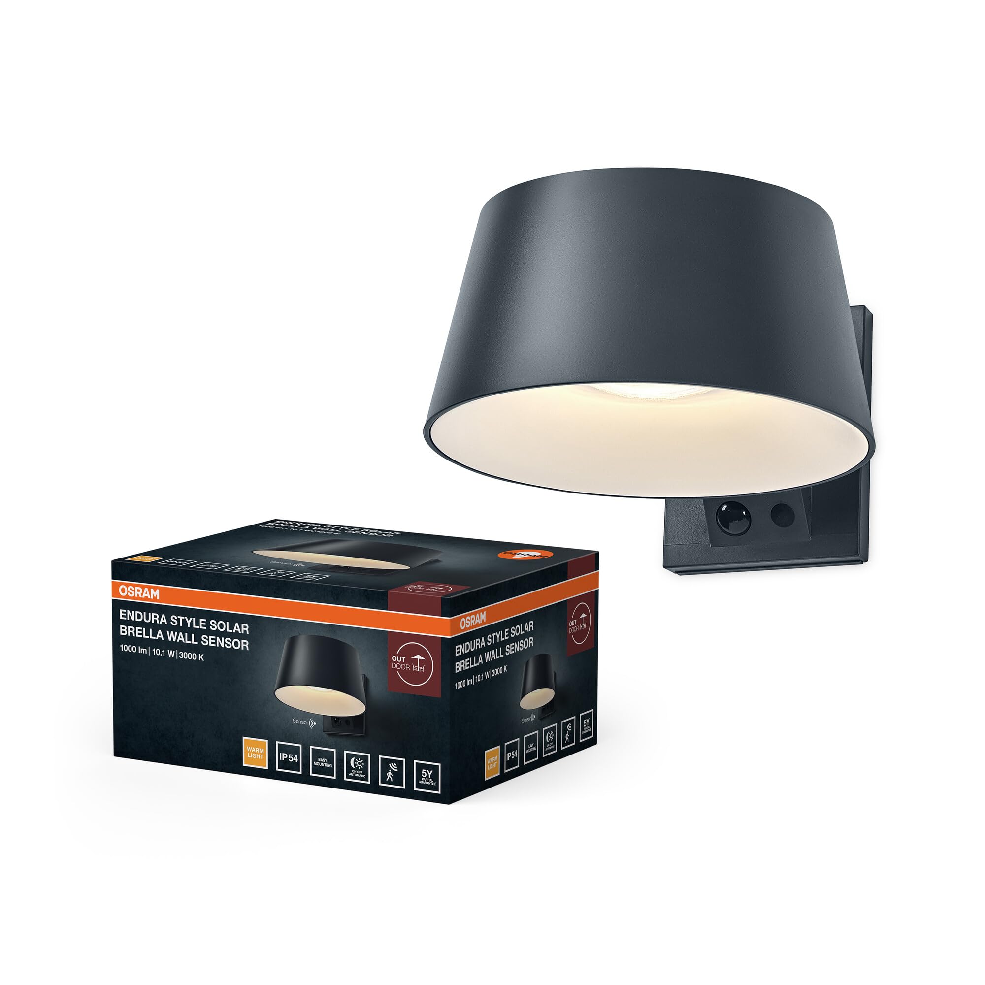 OSRAM Kinkiet solarny LED Endura Style Brella, 10,1 W, ciepła biel 3000 K, 930 lm, czujnik PIR, IP54, 18 dni