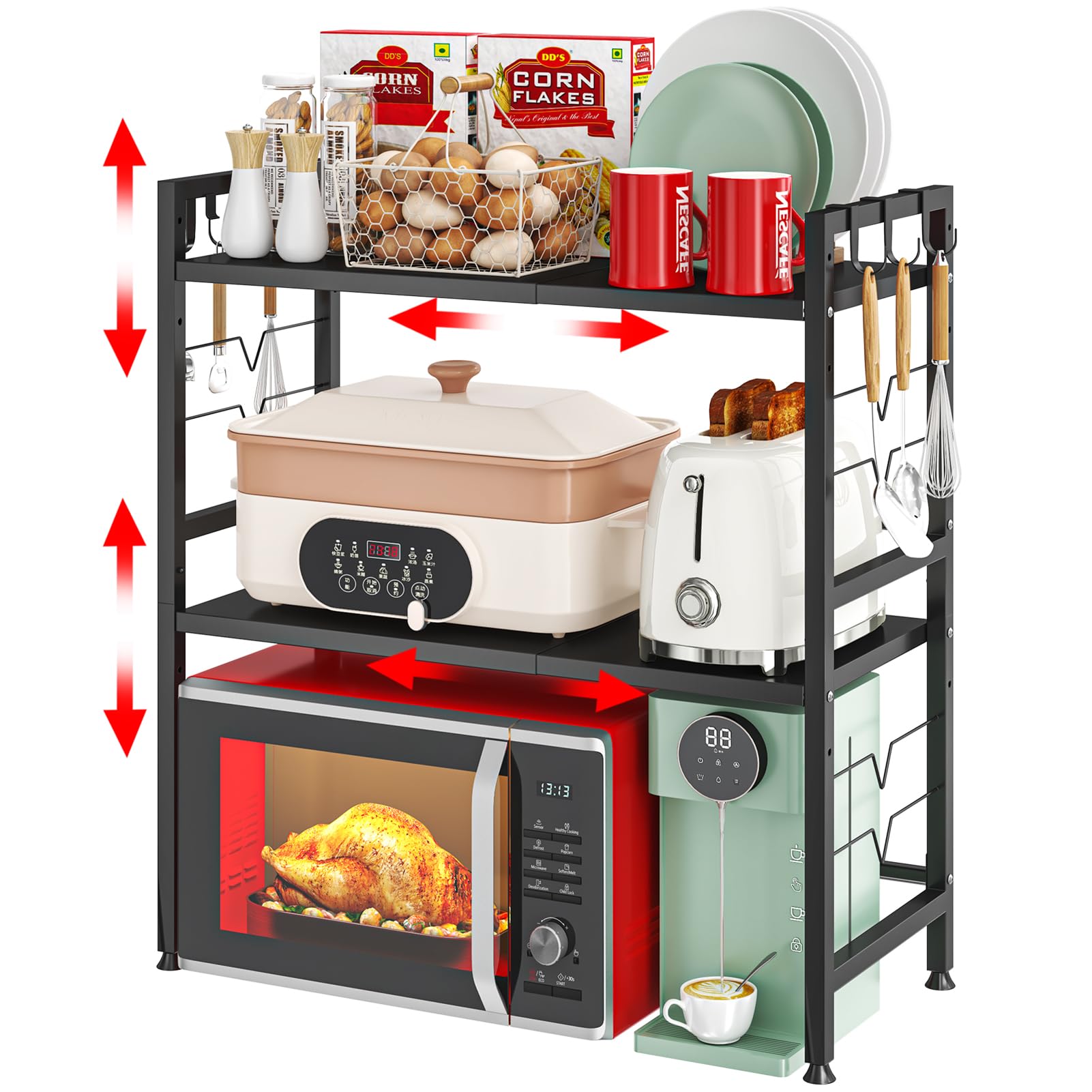 Support Extensible pour Four à Micro-Ondes à 3 Niveaux, Support d'étagère de Cuisine Hauteur Réglable avec 6 Crochets Suspendus Etagere Rangement Cuisine, Noir