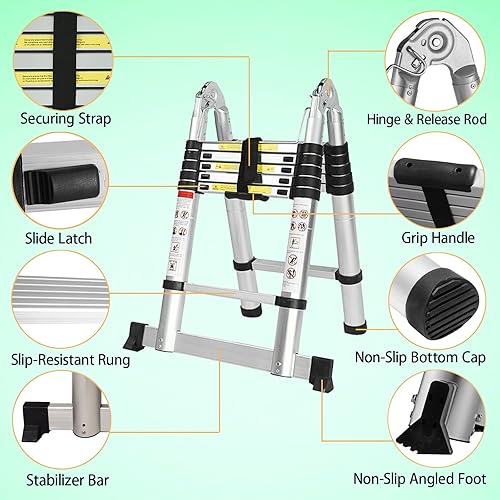 Miniatura 3 de Escalera telescópica de aluminio de 12.5 pies, con marco en A, portátil, telescópica, escalera plegable multiusos, fácil almacenamiento, escalera