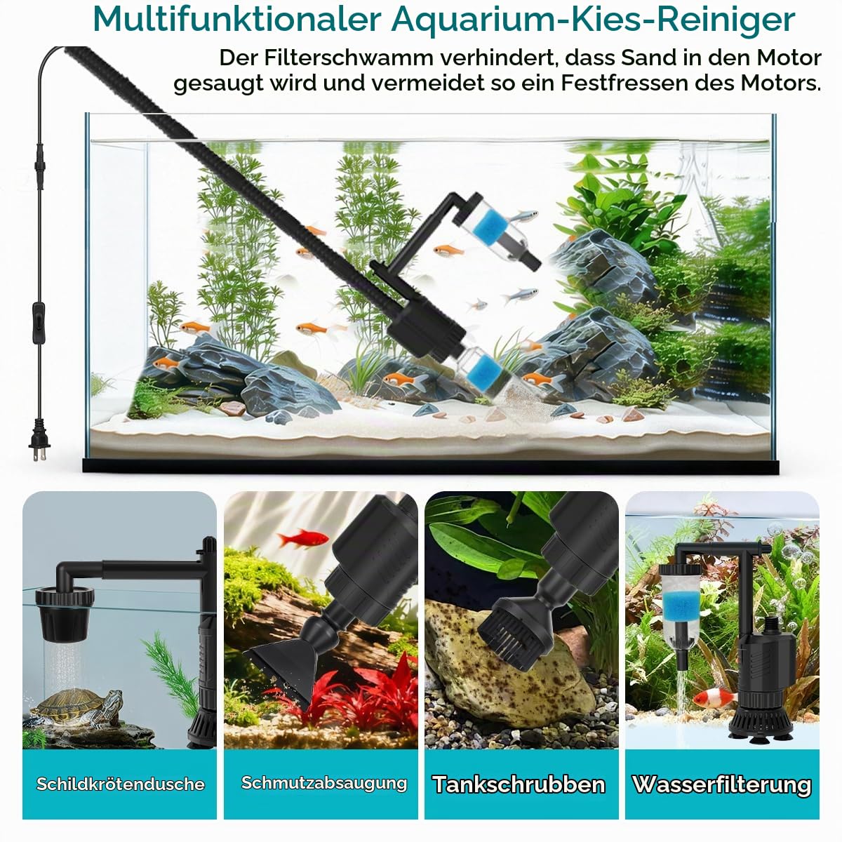 fishkeeper 30W Mulmsauger Aquarium Elektrisch, Einstellbar 1800 L/H Aquarium Sauger Elektrisch, 8-in-1 Wasserwechsel Pumpe mit Schlauch zur Sandreinigung, Kiesreiniger, Filterung, Wasserzirkulation