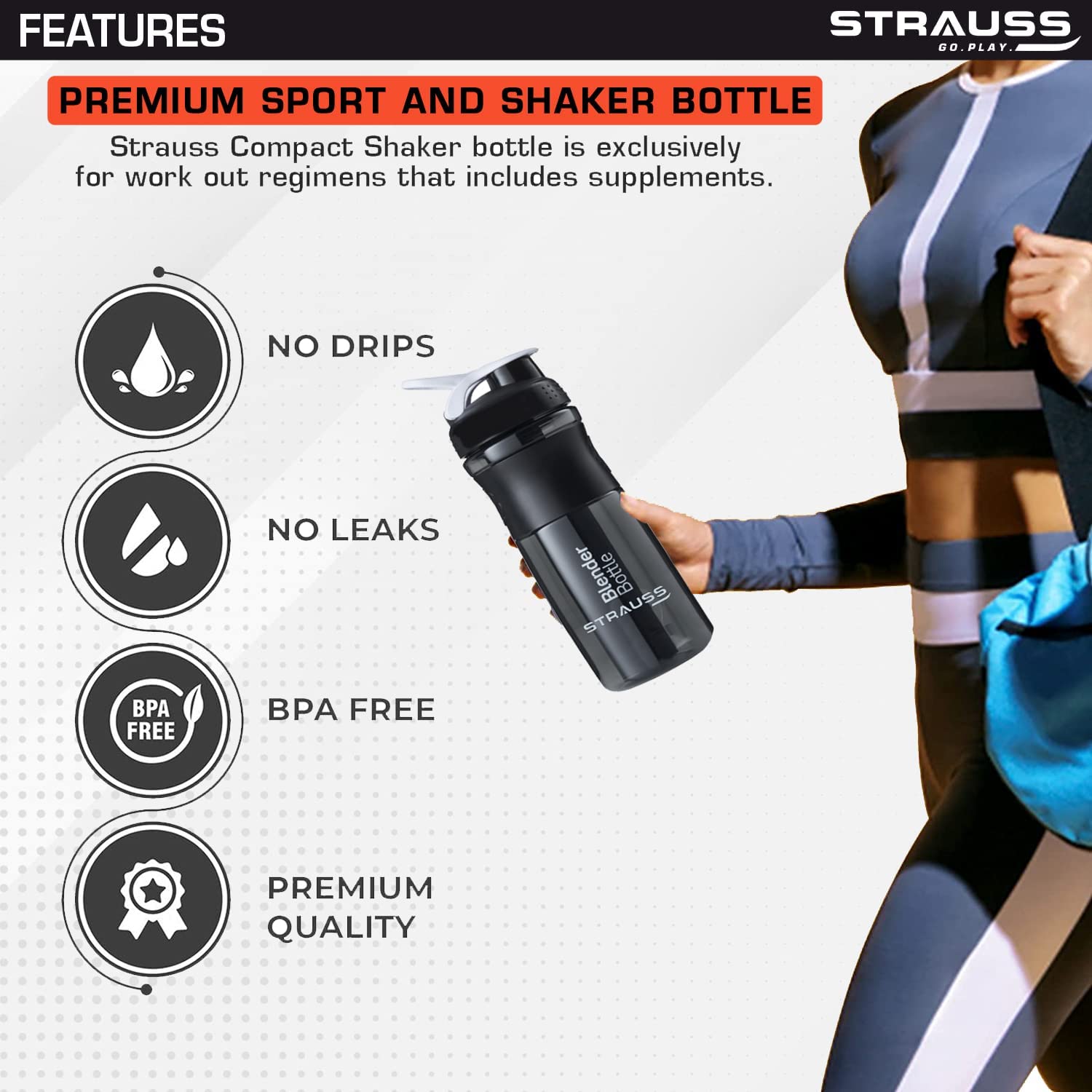 STRAUSS Blender Bouteille shaker de protéines | Shaker de gym | Bouteille à bec | Bouteille de gym