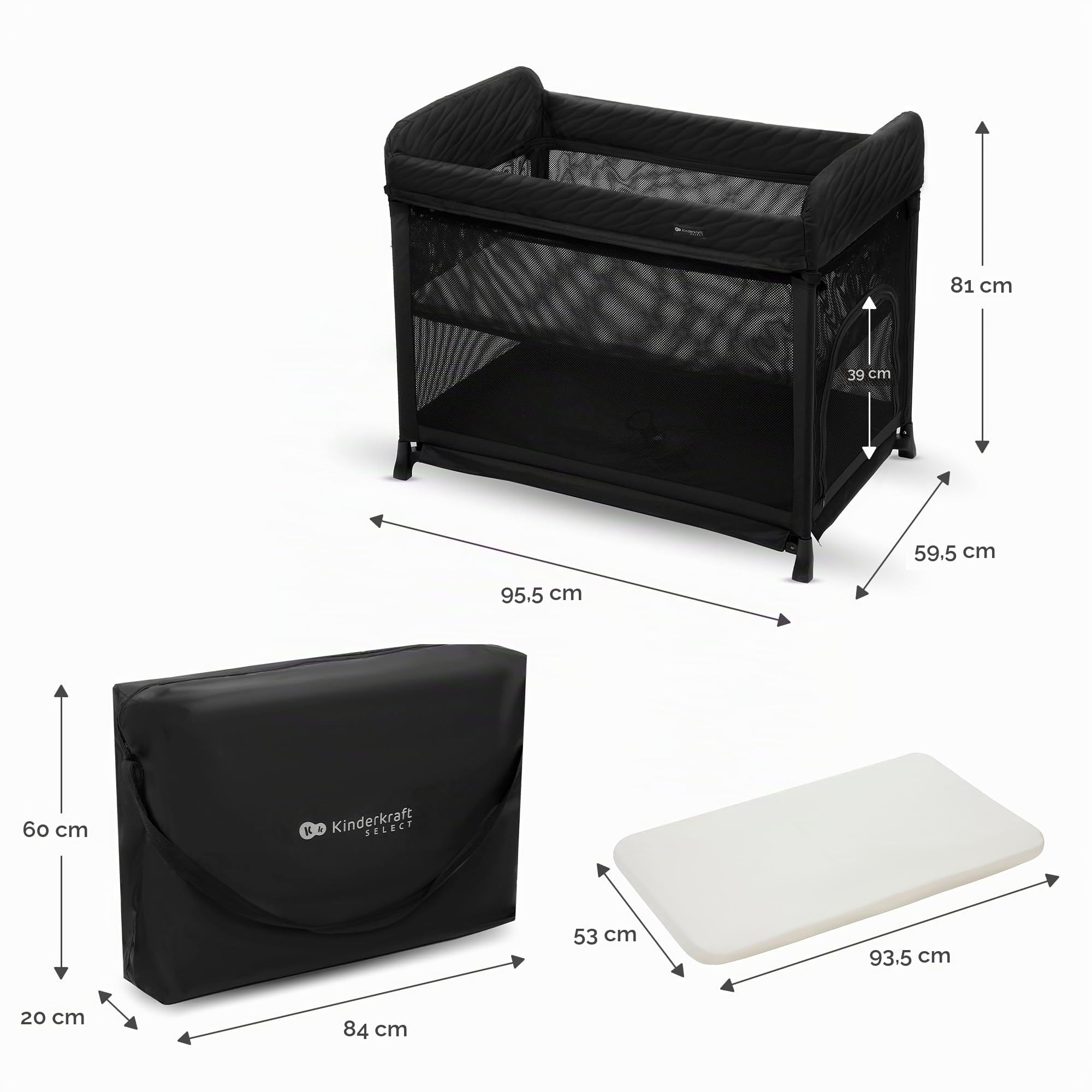 KINDERKRAFT Moon Dream, Lit de Voyage de la Naissance jusqu'à 3 Ans, lit superposé pour bébé, se Plie Rapidement d'une Seule Main, Matelas et Sac de Transport Inclus, Nettoyage Facile, Noir