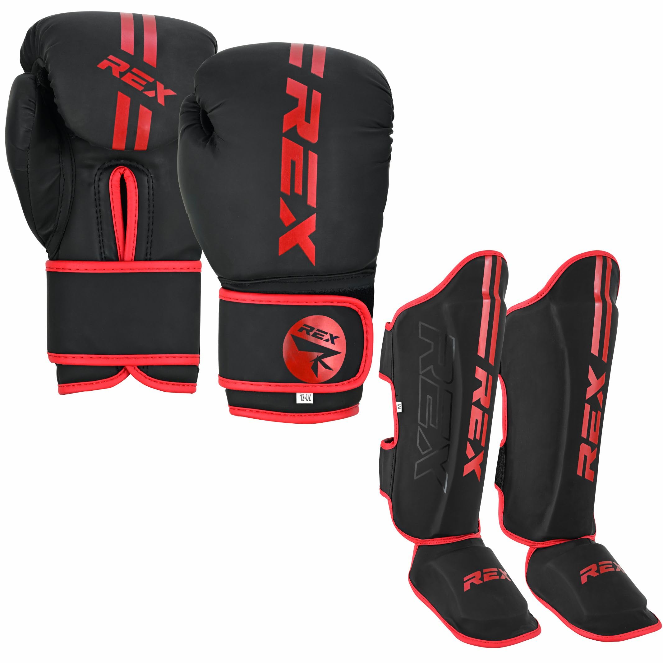 Rex Boxing Gloves, Pro Training Sparring Shin Guards for Kickboxing, Muay Thai, MMA and Training Pads and gloves set, Boxing shin pad Red (Gloves Size 4 oz, Shin Size S)