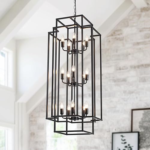 15-Light Lantern Chandelier for Foyer Large Black High Ceiling Chandelier