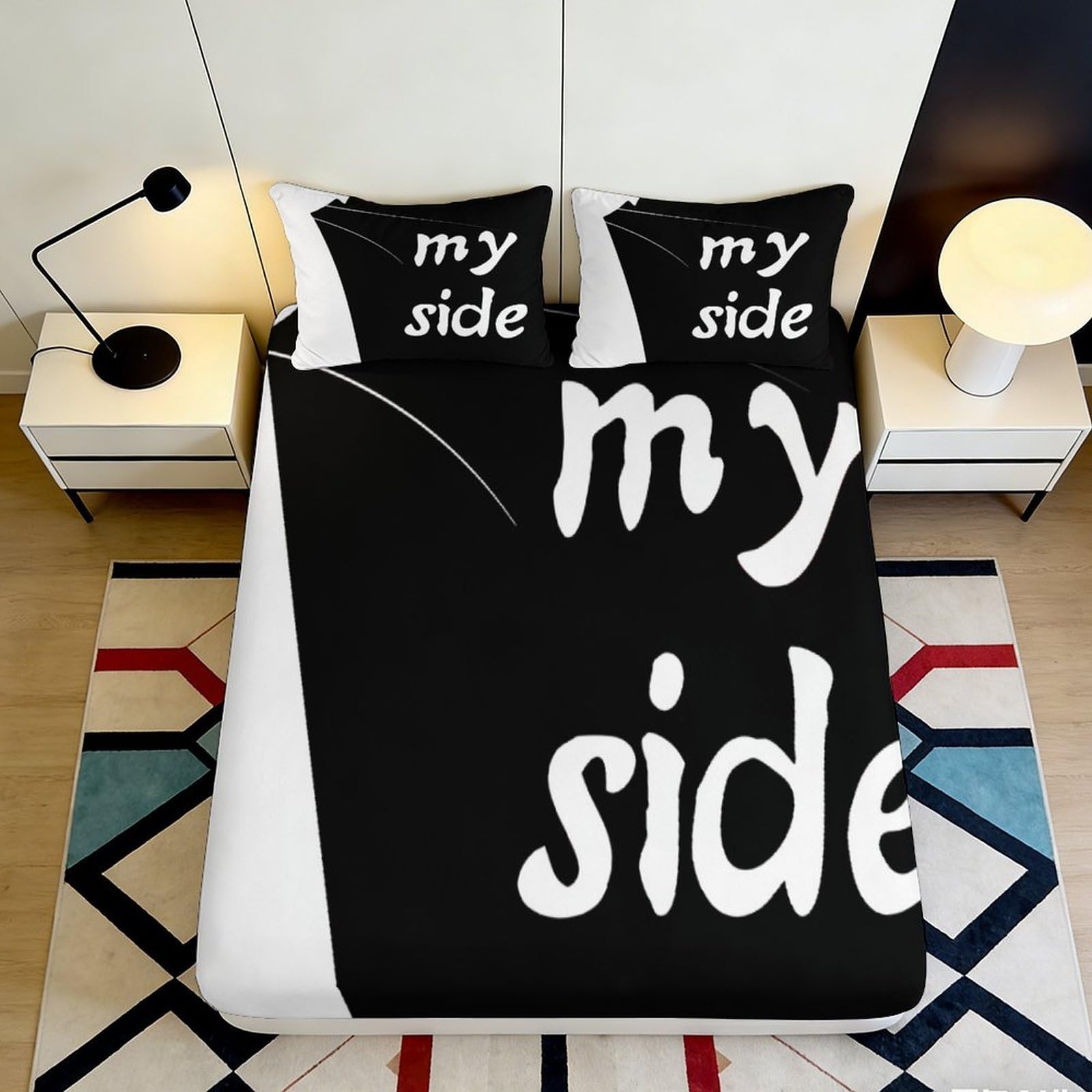 3D Printed Black White Typography Fitted Sheet Microfiber Bold Lettering Bed Sheet for Bedroom Dorm Mattress Cover Decor 90x200x25cm