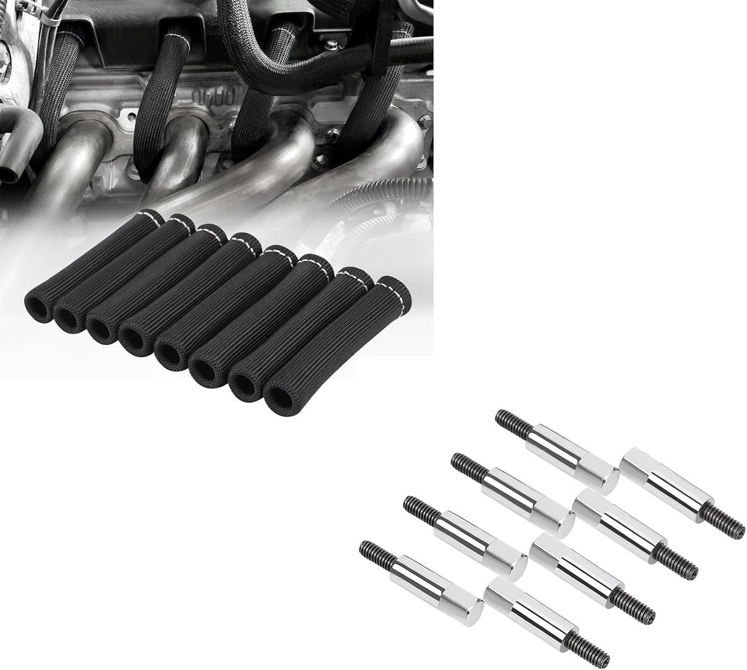 8pcs Spark Plug Wire Heat Shield Sleeve 2500° for SBC BBC 350 454 and Valve Cover Bolts Kit for Chevy 350 283 305 327 383 SBC Valve Covers Bolt