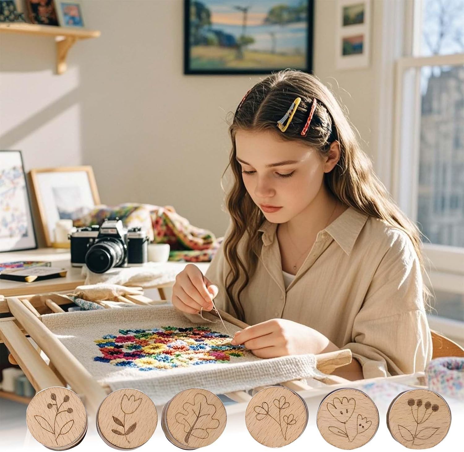 6Pcs Embroidery Thread Management Parking Bobbin with Magnetic Clips - Wooden Needle Minder Thread Holder for Cross Stitch and Needlework Art