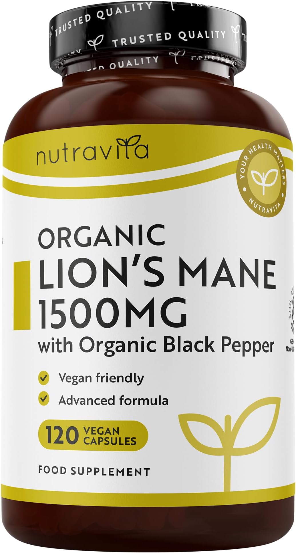 Nutravita Organic Lions Mane Mushroom 1500mg - 120 High Strength Vegan Capsules (Not Powder) - Lions Mane Supplement with Organic Black Pepper - Made in The UK
