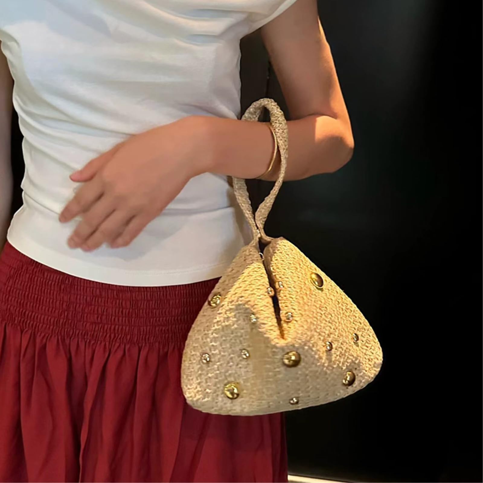 Stroh Schultertasche Clutch Tasche Schließung Abend Handtasche Mit Rivetsummer Frauen Strand Raffia Handtasche-beige with Bead