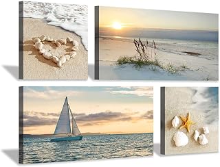 Hardy Gallery Beach Picture Sunset Canvas Art: Seascape Painting with Sailboat & Coastal Conch Artwork Wall Art for Bedroom (32'' x 16'' x 2 Panels + 16'' x 16'' x 2 Panels)