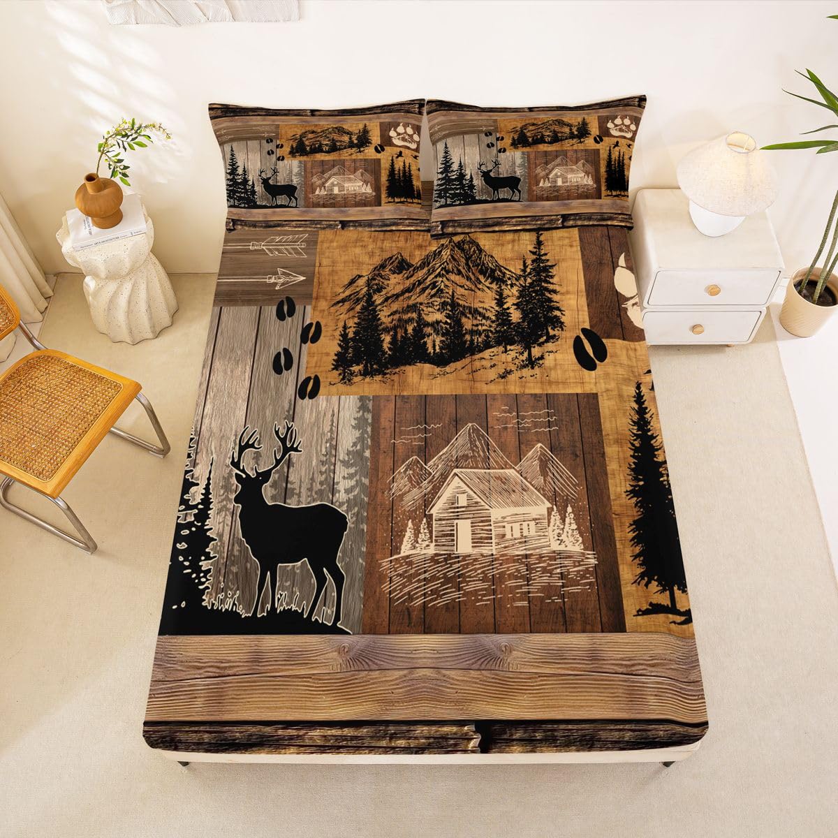 Homewish Zestaw pościeli z reniferem King Rustykalny dom wiejski wystrój domek nad jezioro prześcieradło z gumką retro drewniane moro prześcieradła dla dzieci nastolatków dziewcząt, vintage domek
