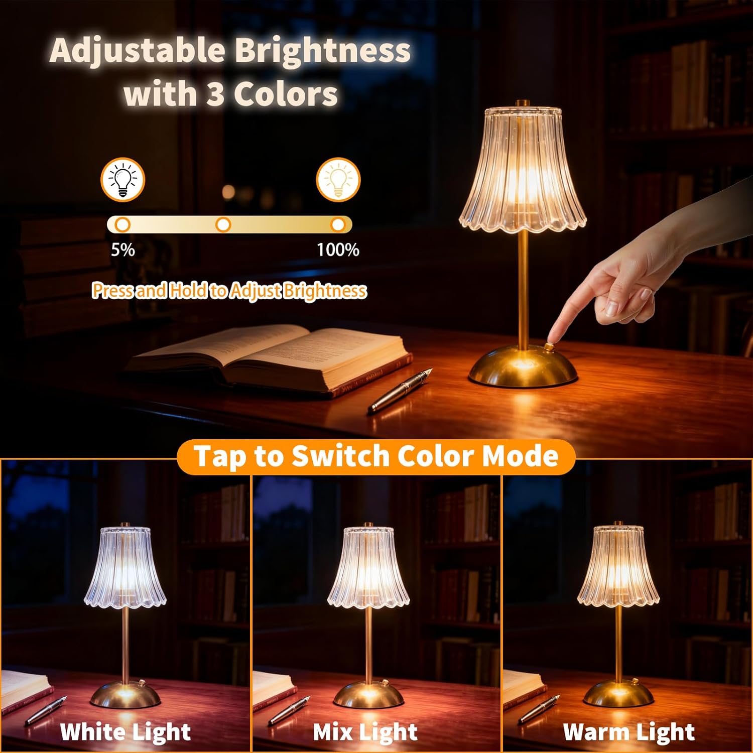 8 Pcs Led Portable Cordless Table Lamp Gold Bedroom Nightstand Lamp 3 Color Touch Dimmable,Battery Operated Rechargeable for Bedroom Bedside Living Room Dining