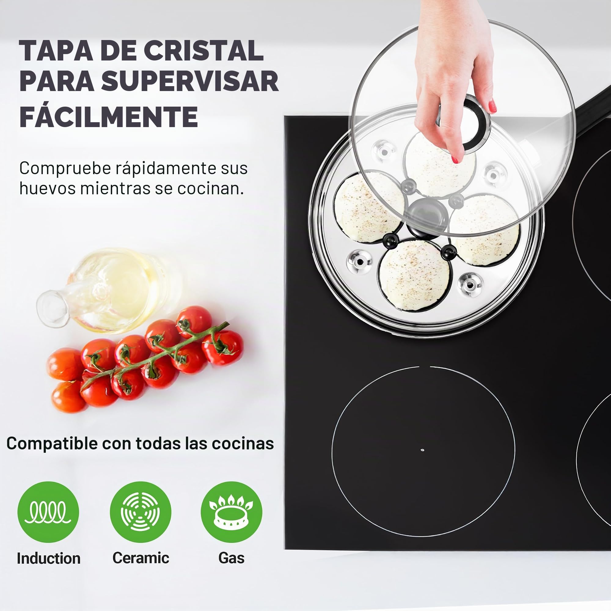 Nutrichef escalfador de huevos, Sarten para pochar, Acero inoxidable, 4 tazas antiadherentes, Tapa de vidrio, Temporizador, Guante de horno y espatula, Compatible con induccion, Egg poacher