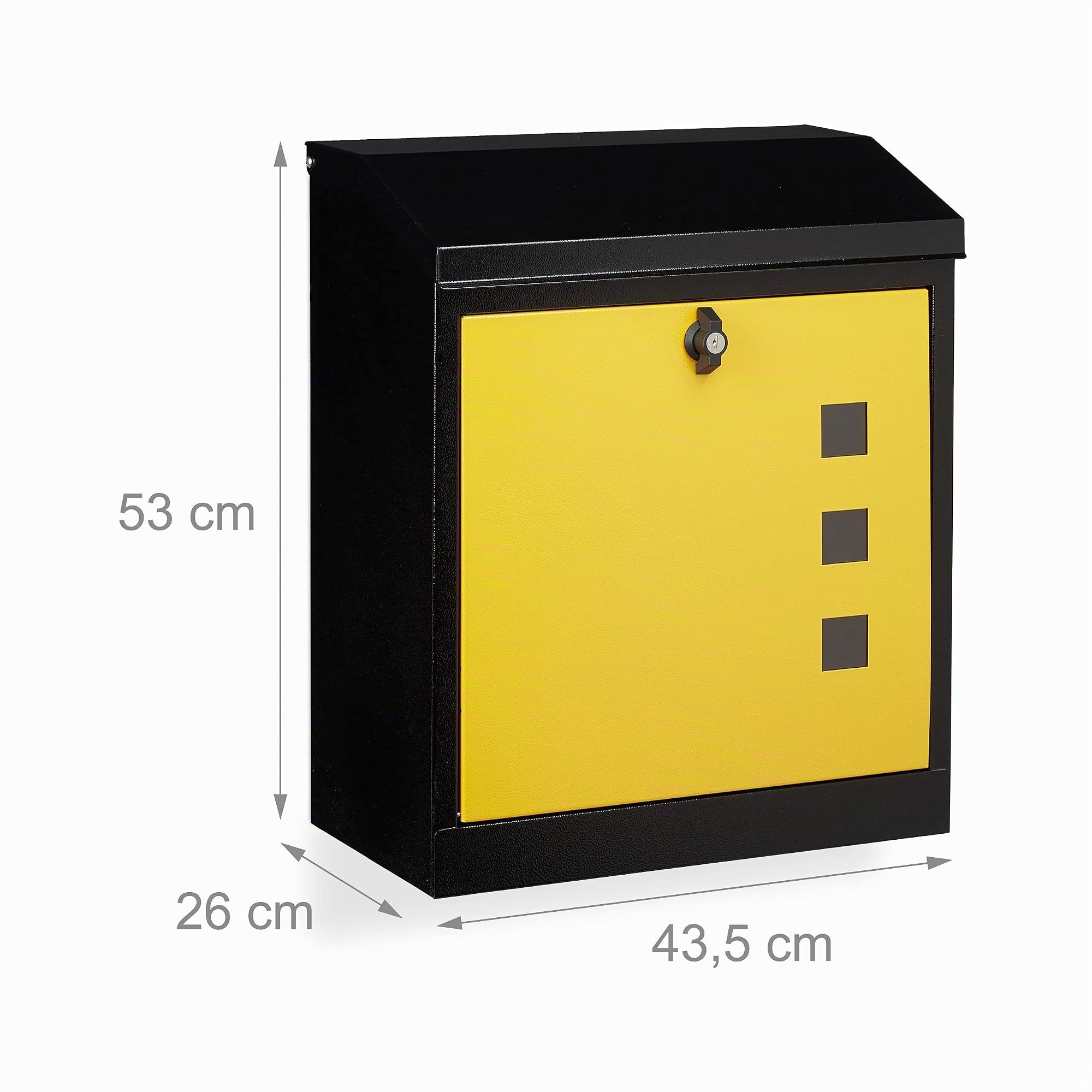 Relaxdays Buzón Correos Exterior Grande, Pared, Tapa Seguridad, Llave, Acero, 1 Ud., 53 x 43,5 x 26 cm, Negro-Amarillo