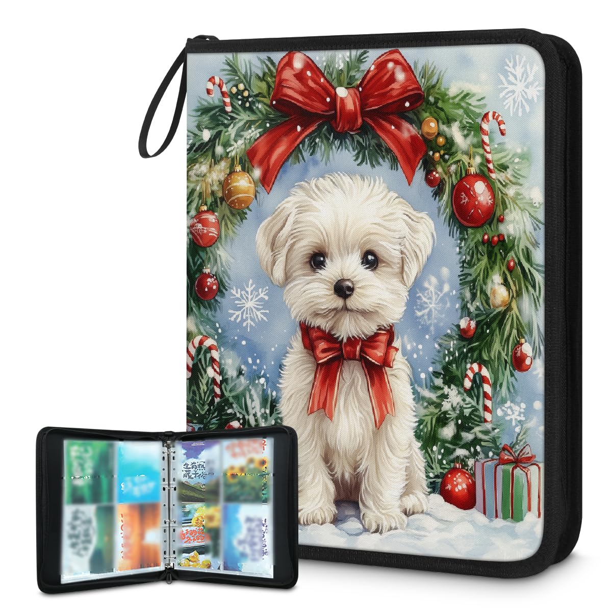 Raccoglitore per carte collezionabili con 4 tasche, per carte di Natale, con motivo con foglie di Natale, fiocchi di neve, con maniche rimovibili, impermeabile, con cerniera, 50 pagine, capacità 400