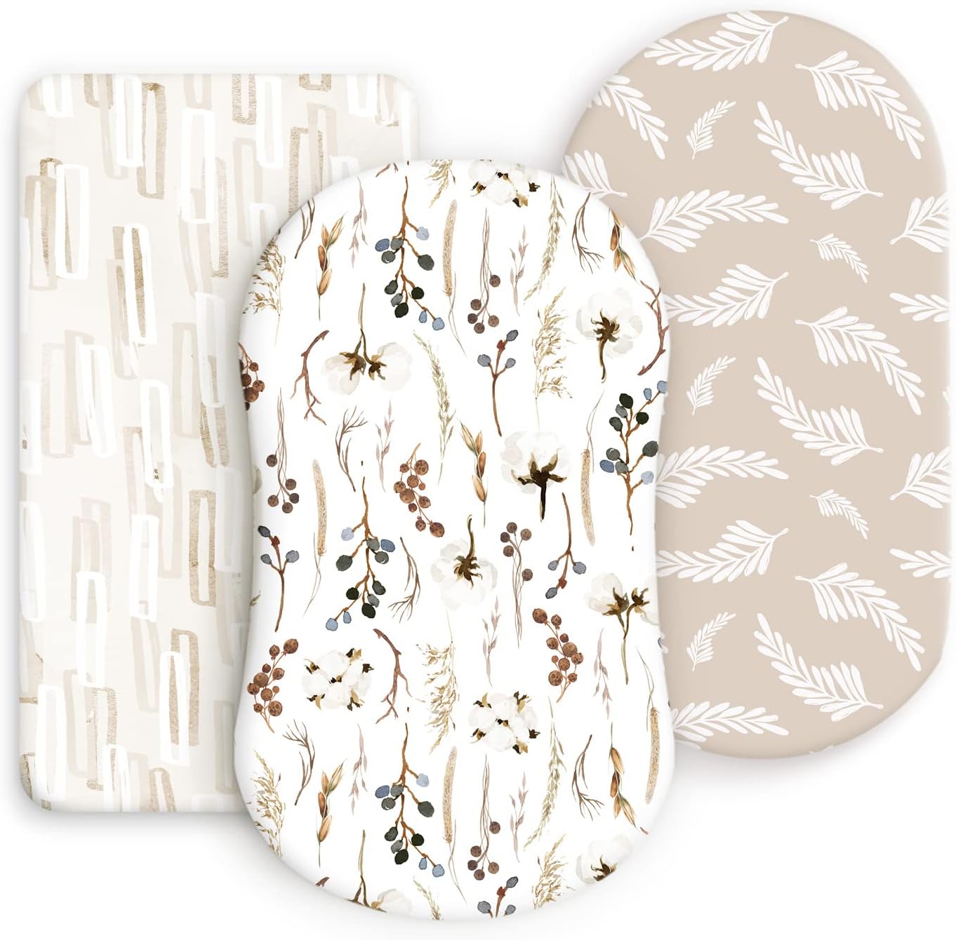 GRSSDER Stretchy Ultra Soft Fitted Bassinet Sheet Set 3 Pack, Universal Fit for Bassinets Baby Cradle Moses Basket Oval Rectangle Mattress Safe and Snug, Stylish Pretty Flora for Baby, Beige