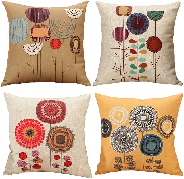 Freeas Cushion Cover, Set of 4 Cartoon Flowers Pattern Cotton and Linen Pillowcase Square House Sofa Cover 45 x 45 cm