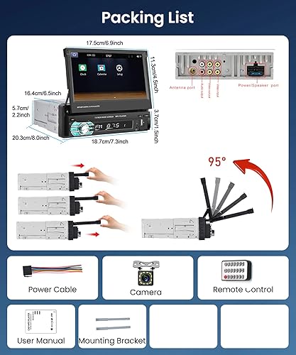 Miniatura 6 de Rimoody - Radio estéreo para automóvil con pantalla táctil DIN individual con Bluetooth, pantalla abatible eléctrica de 7 pulgadas, enlace de