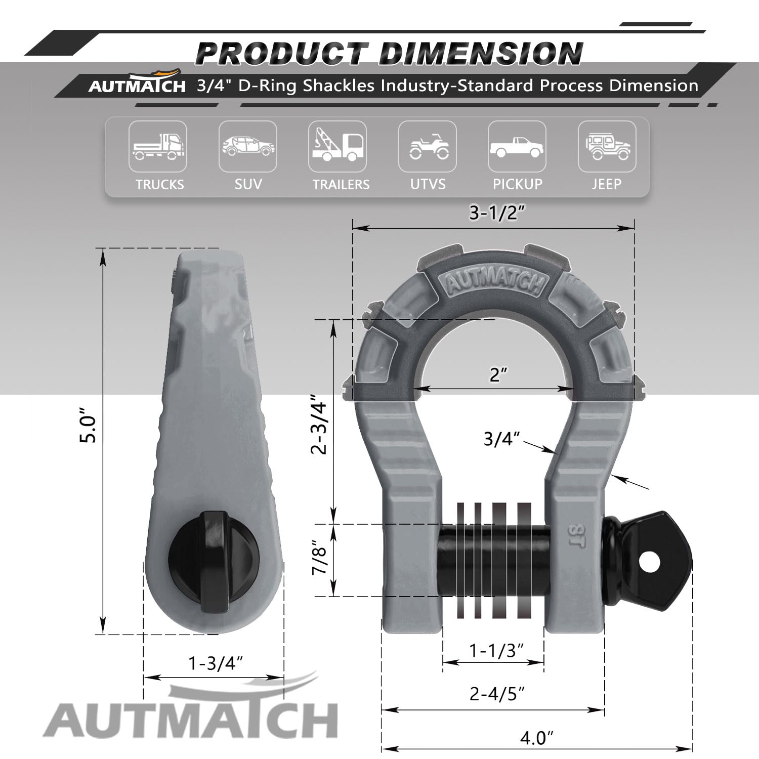 AUTMATCH Grilli ad anello a D da 3/4" (confezione da 2) 68.000Ibs resistenza alla rottura con perno a vite da 7/8" e isolatore e rondelle per cinghia di traino argano recupero fuoristrada grigio e