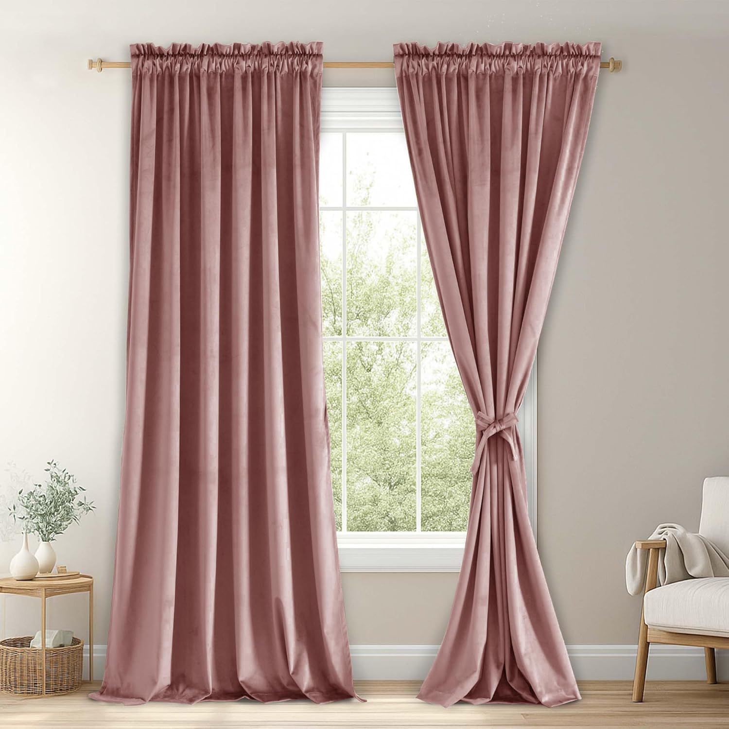 JIUZHEN Velvet Curtains 84 inch for Bedroom Luxury Blackout Rod Pocket Thermal Insulated Room Darkening Window Curtains, Set of 2 Panels with Tiebacks, 52W x 84L, Wild Rose