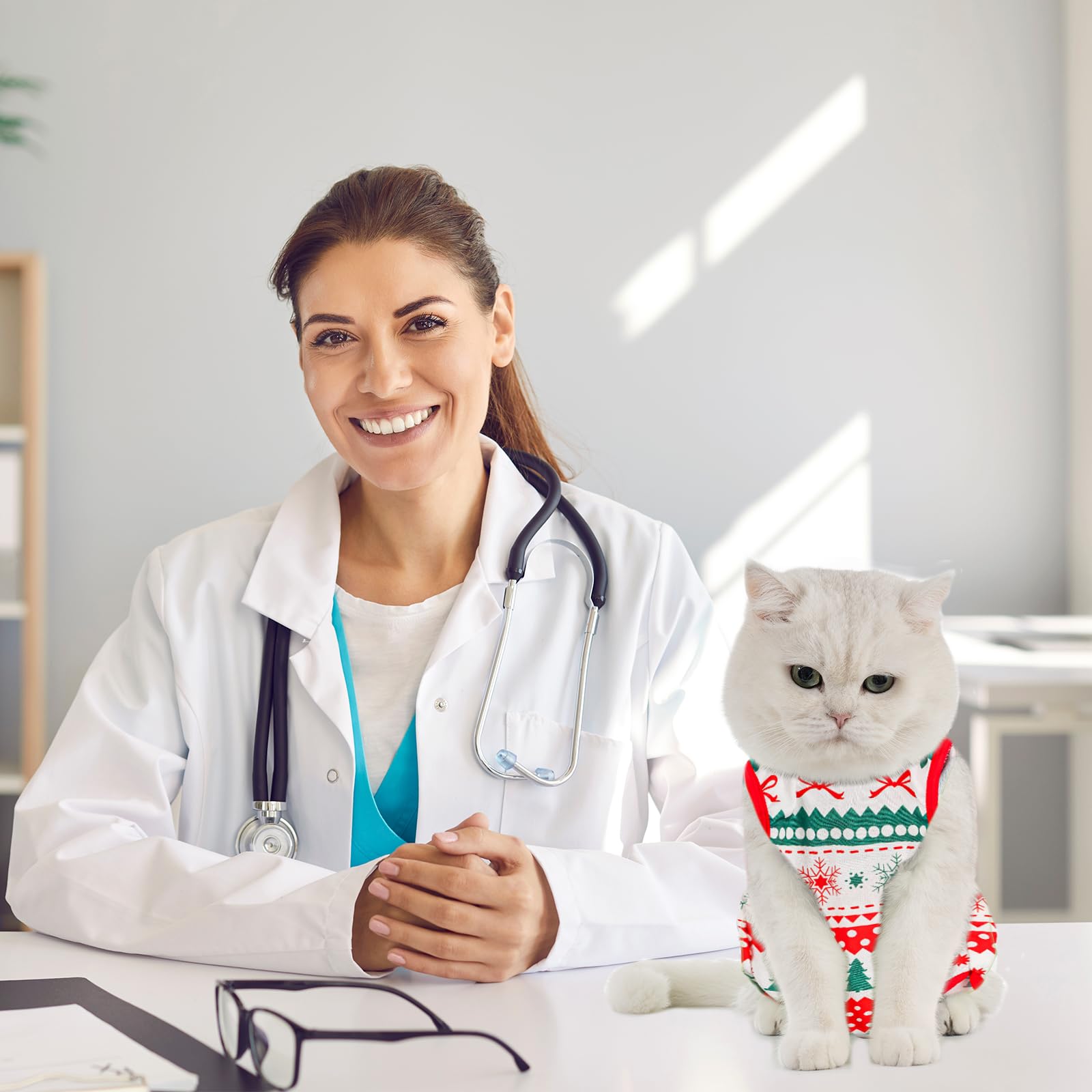 Avont Tuta da Recupero per Gatti, Body Gatto Post Operatorio Sterilizzazione, Cat Recovery Suit, Vestito Gatto per Impedire Leccare Ferita Addominale Dopo l'intervento Chirurgico –Natale(MX)