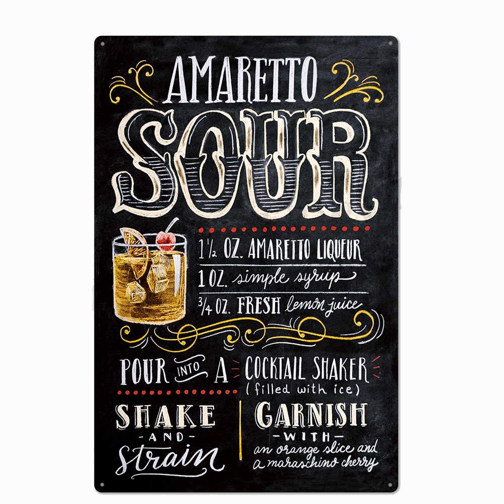 Black Original Design Amaretto Sour Cocktail Recipe Tin Metal Sign Wall Art Poster, Thick Tinplate Wall Decoration Signs for Man Cave/Bar (amaretto sour, 8x12 Inches (20x30 CM))