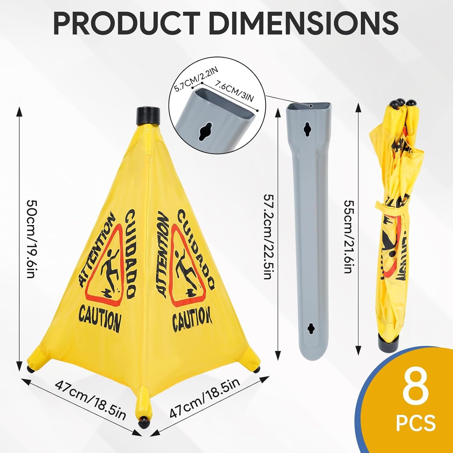 8 Pcs Pop up Wet Floor Sign, 20 Inch Wet Safety Signs with Storage Tube, Foldable Bilingual Yellow Safety Warning Caution Cone for Commercial & Office Use