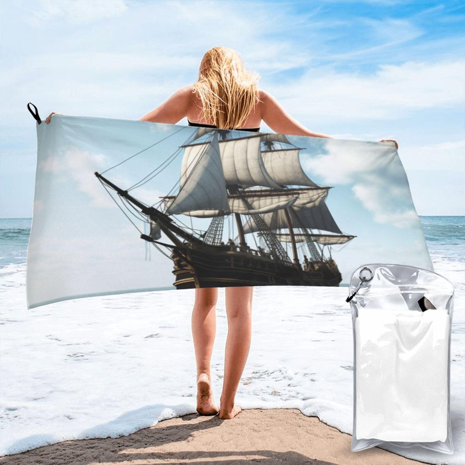 DWVTSLH Microfiber Sand Free Beach Towel 27.5"x55", Quick Dry Absorbent Travel Towel Large Camping Blanket, Old Sailing Ship Bath Towels Lightweight Pool Swim Towels for Vacation Essentials