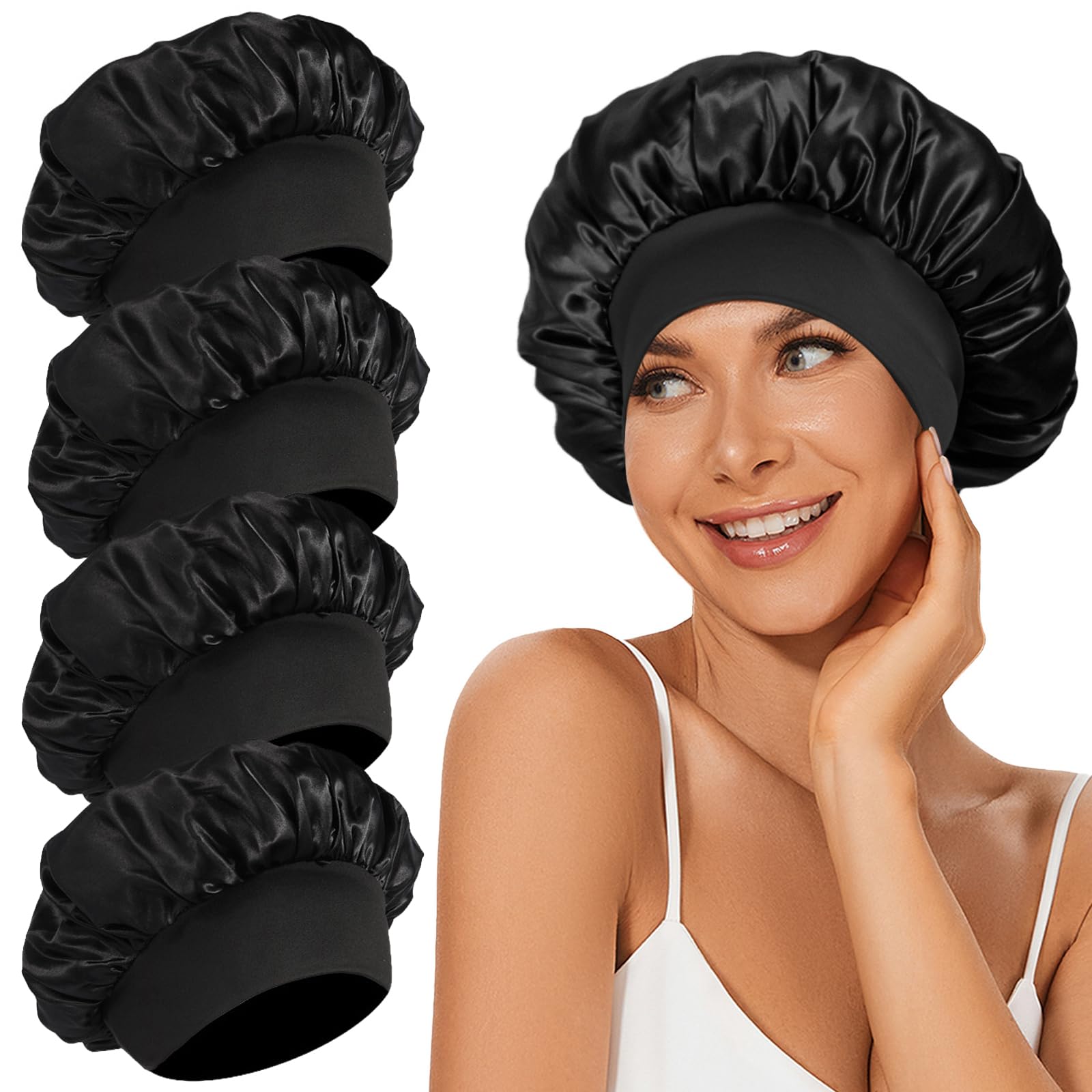 Hanbertti Paquete De 2 Gorros De Satén Para Dormir Con Banda Elastica Para Atar Capo Sedoso Para Mujeres Adultas Y Ninas Con Cabello Rizado Negro