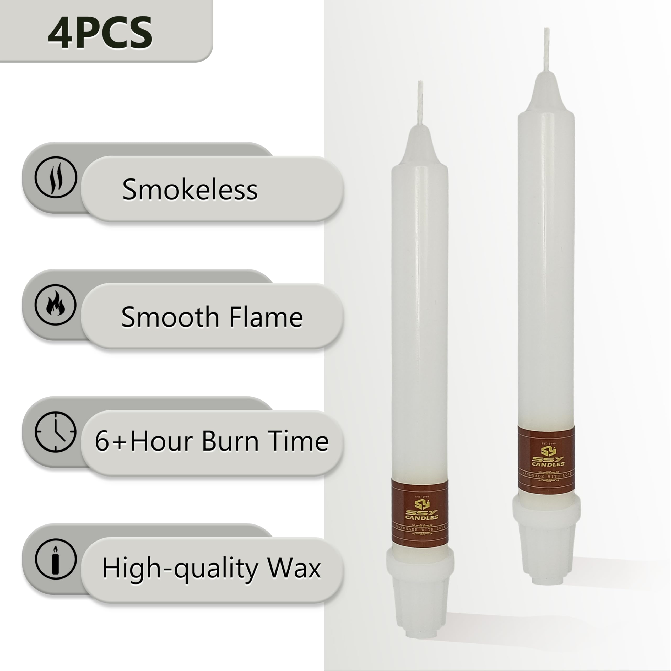 XINAOBAOLUO Taper Candles White 8INCH Unscented Smokeless Dripless 4 Count Classic Wedding General Home Decor