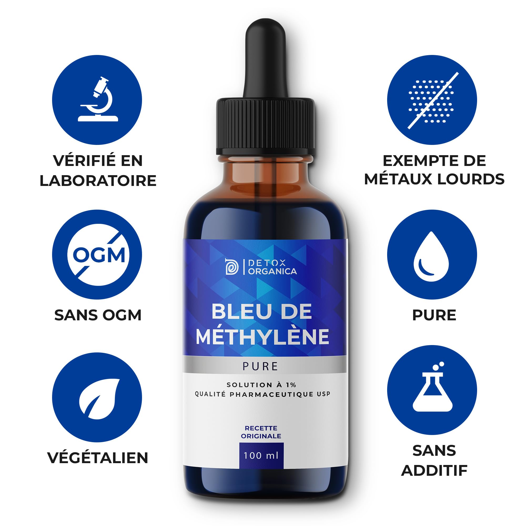 Detox Organica Bleu de Methylene Pur 100ml x2 Flacon Pipette | Qualité Pharmaceutique - Solution aqueuse 1% Premium, 100% USP - Fabriqué, Testé et certifié laboratoire Allemagne