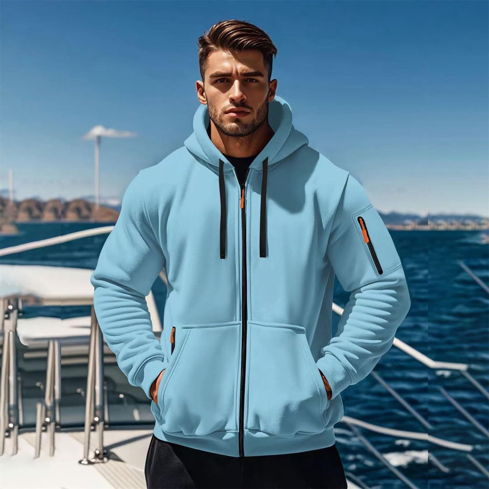Felpa con cappuccio con zip intera, con coulisse, comoda, da lavoro, tinta unita, elasticizzata, versatile, per il tempo libero, alla moda, vestibilità larga, con cappuccio