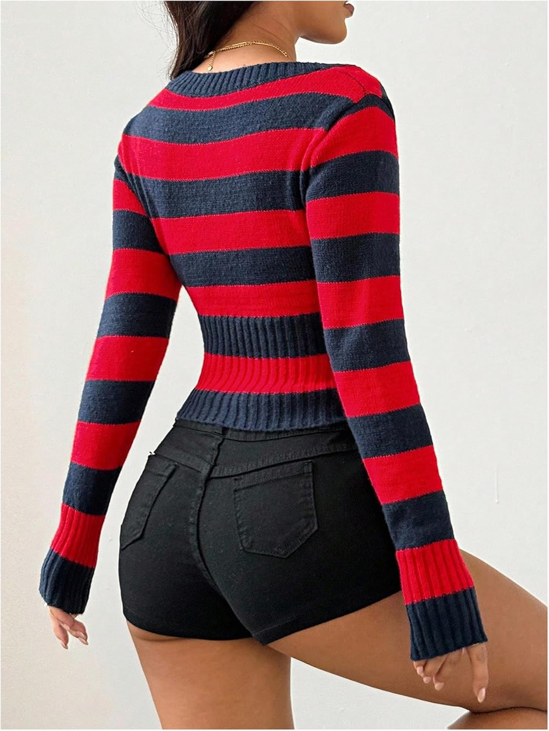 Floerns Women's Striped One Shoulder Sweaters V Neck Going Out Knit Crop Fall Tops - Image 3