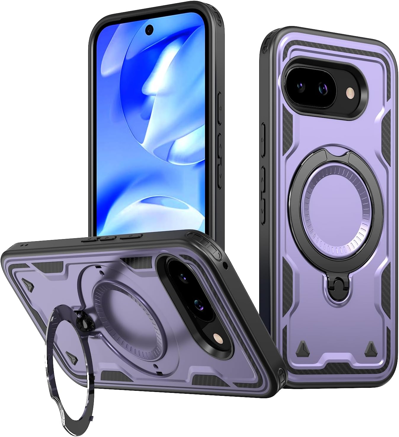Google Pixel 9A Case - Armor Case Stand 360° Metallic Ring Magnetic Army Shockproof Military Grade Protection Cover (Purple)