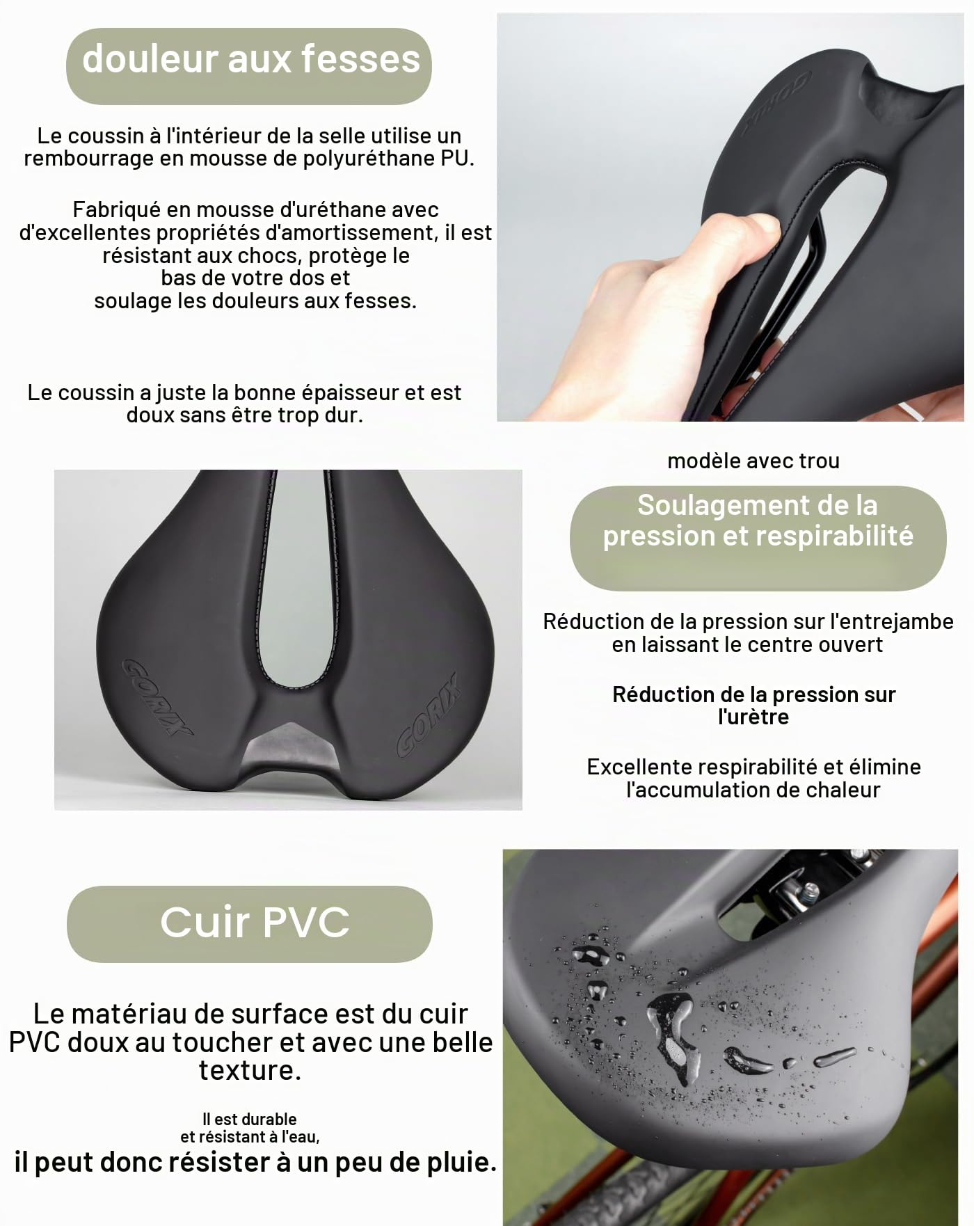 GORIX – Selle de vélo Courte, légère, Large, Coussin Confortable, pour VTT, vélo de Route (GX-SA345)