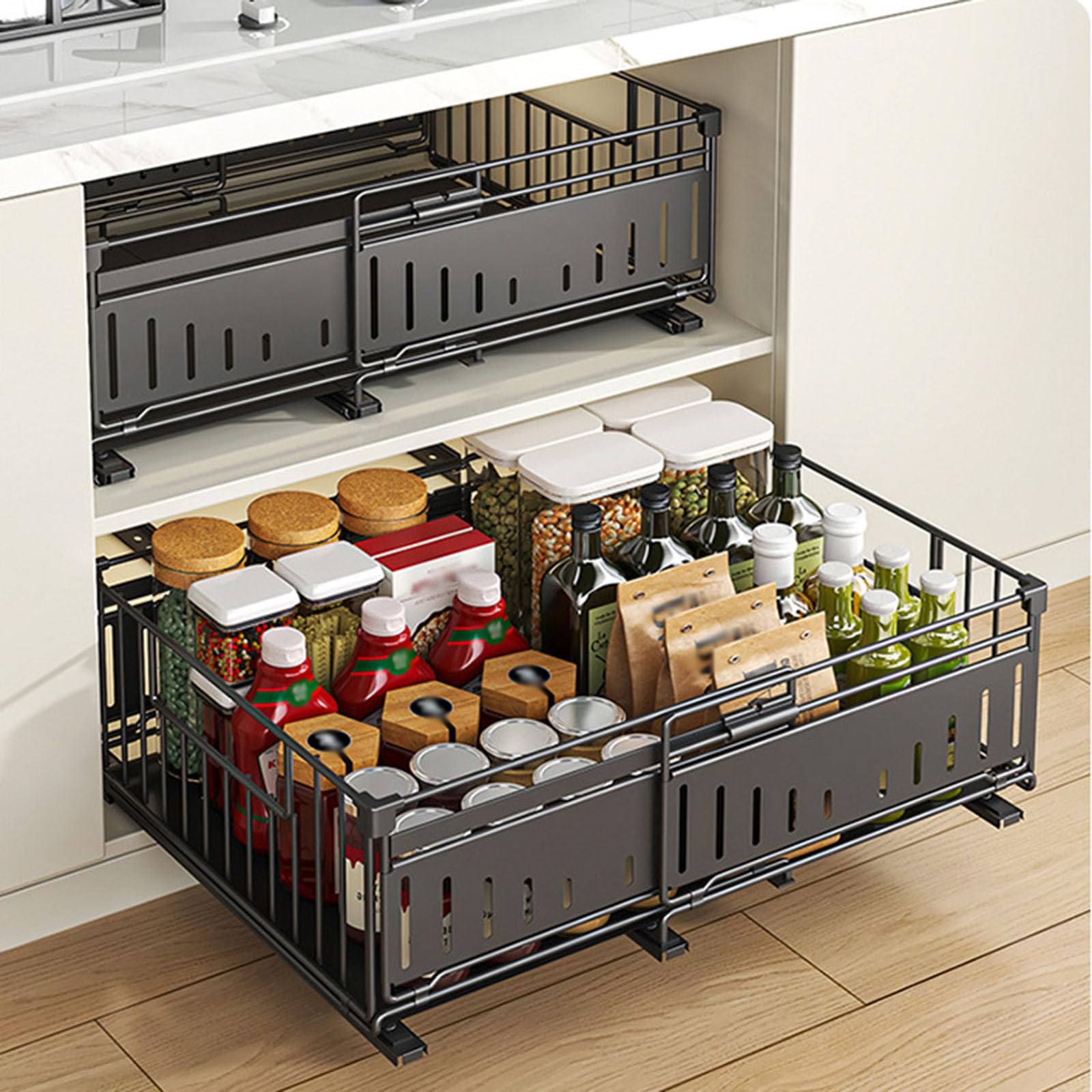 Teleskopschublade Küchen Aufbewahrungsregale Organizer Ohne Bohren Ausziehbare Schubladen Metall Küchenregal Spülschrank Regal Für Küche Pantry Organisation, Einstellbare Breite 32.5-50Cm,Schwarz,2Pcs