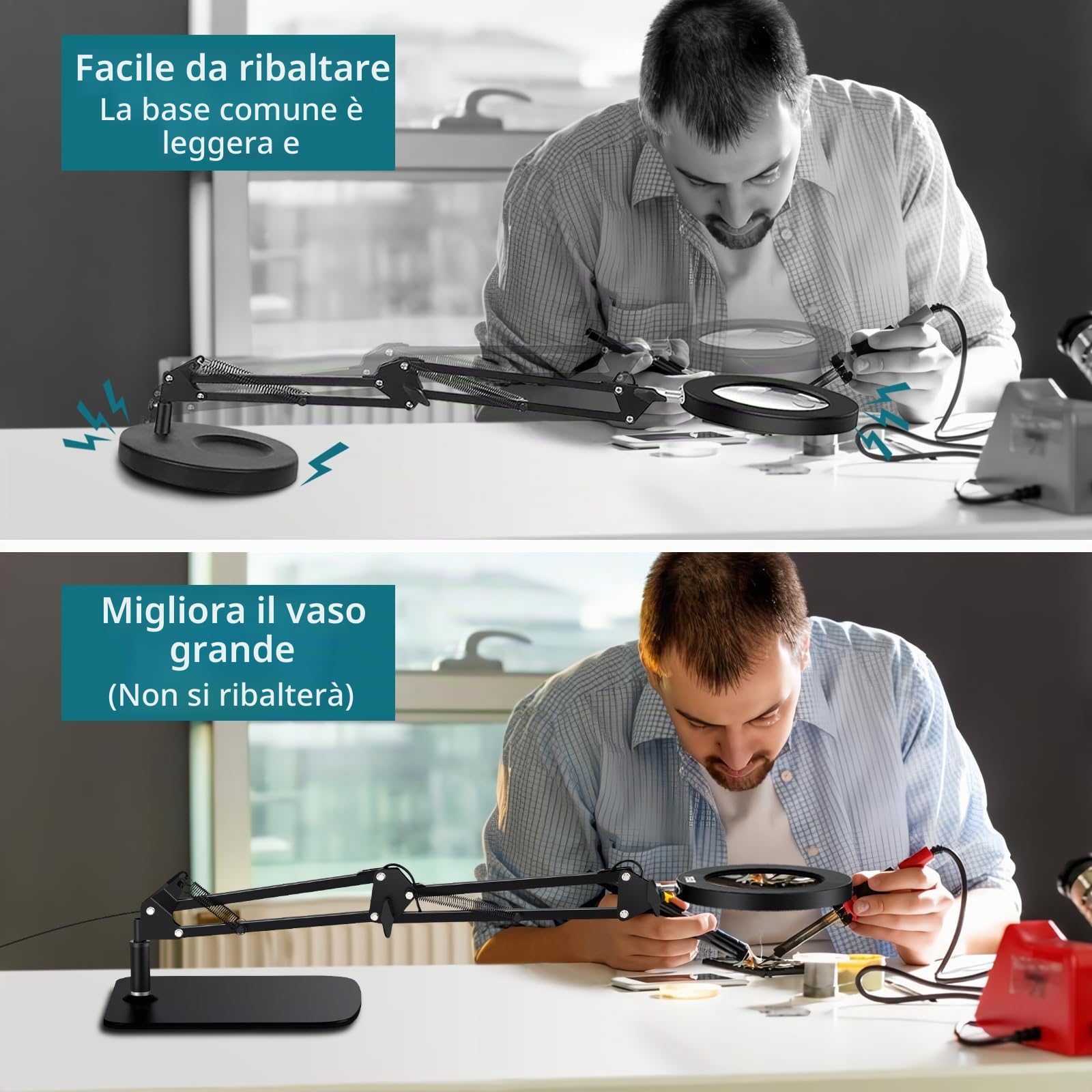 2 in 1 Lampada con Lente d'Ingrandimento - 8X Lampada da Scrivania con Braccio Orientabile e Base, 72 LED Dimmerabili per Lavoro, Riparazione, Estetista,Trucco, Lettura e Cucito