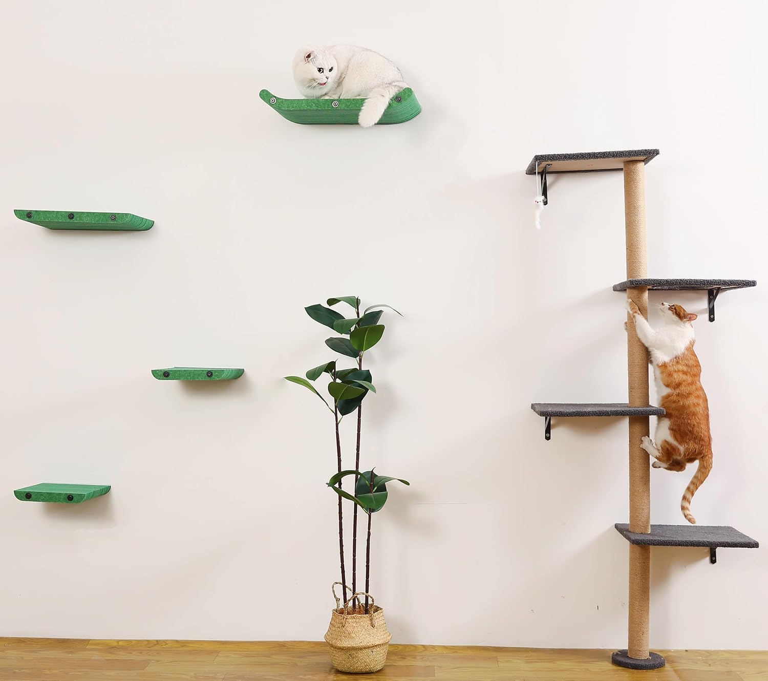 Cat Wall Shelves for Inside,Sound Proof PET Felt Cat Furniture Set,Scratch Resistant Wall Mouted Perch for Kitty Climbing, Sleeping and Lounging (Set of 4-Green)