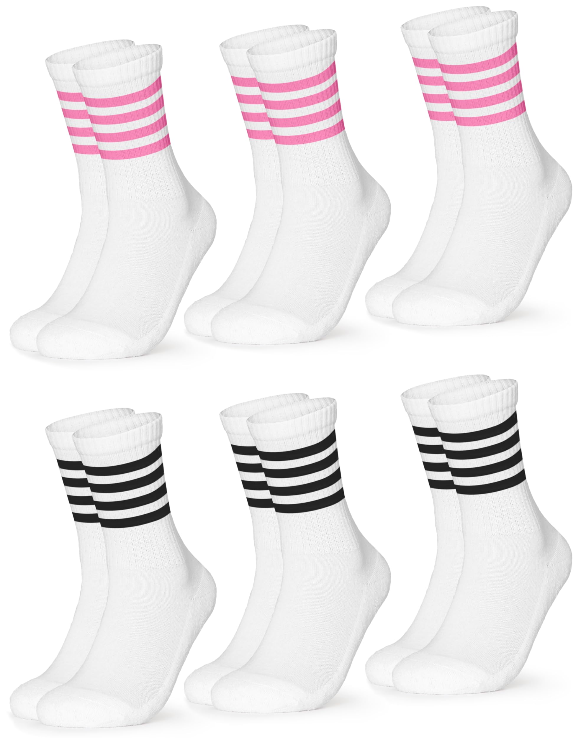 Occulto Damen Retro Tennissocken 80% Baumwolle 6er Pack (Modell: Steffi) Weiß Pink Schwarz 39-42