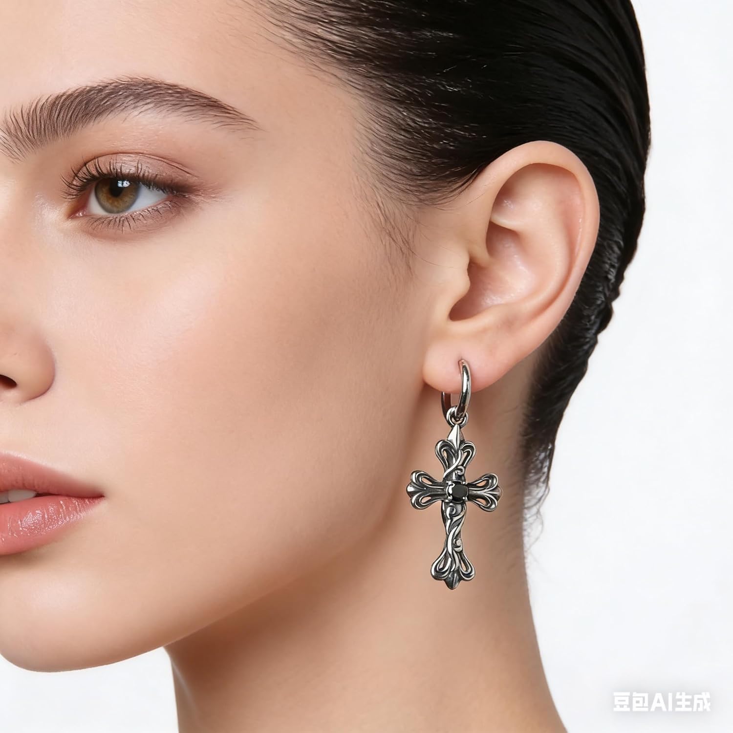 HZMAN Retro Cross Dangle Drop Earring for Men Women Stainless Steel Gothic Punk Rose Cross Party Wedding Huggie Hoop Earring Jewelry Gift (Black) - Image 3