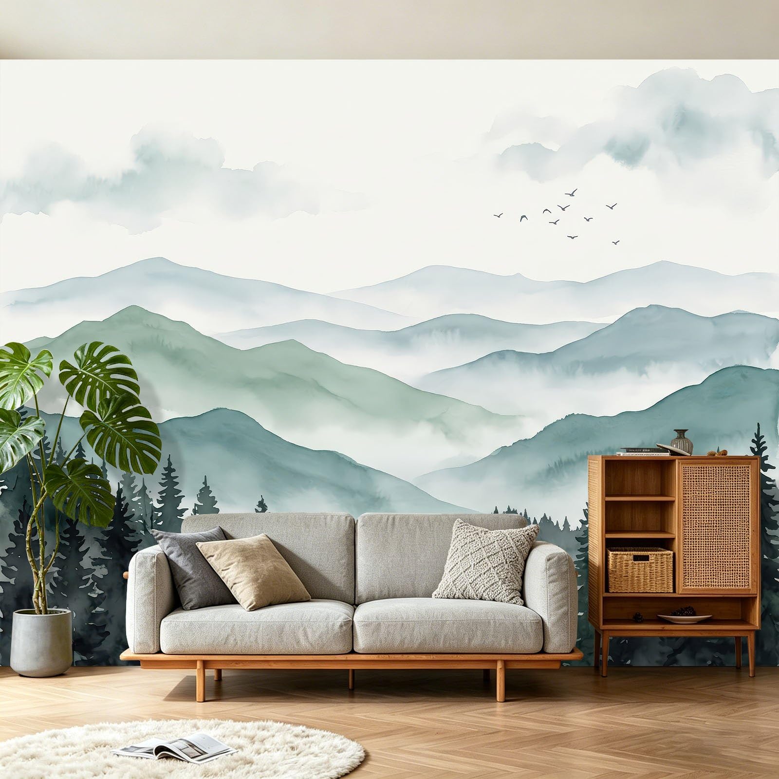 Panoramiczna tapeta 350 x 256 cm, tapeta z rustykalnym krajobrazem góry dżungla sosny ptaki, fototapeta z włókniny - dekoracja ścienna do salonu, sypialni, biura lub pokoju dziecięcego