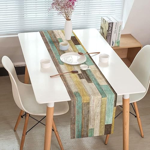 Miniatura 5 de Camino de mesa de arpillera de lino de 13 x 72 pulgadas, camino de mesa rústico de madera de granero marrón verde azulado, decoración de mesa de