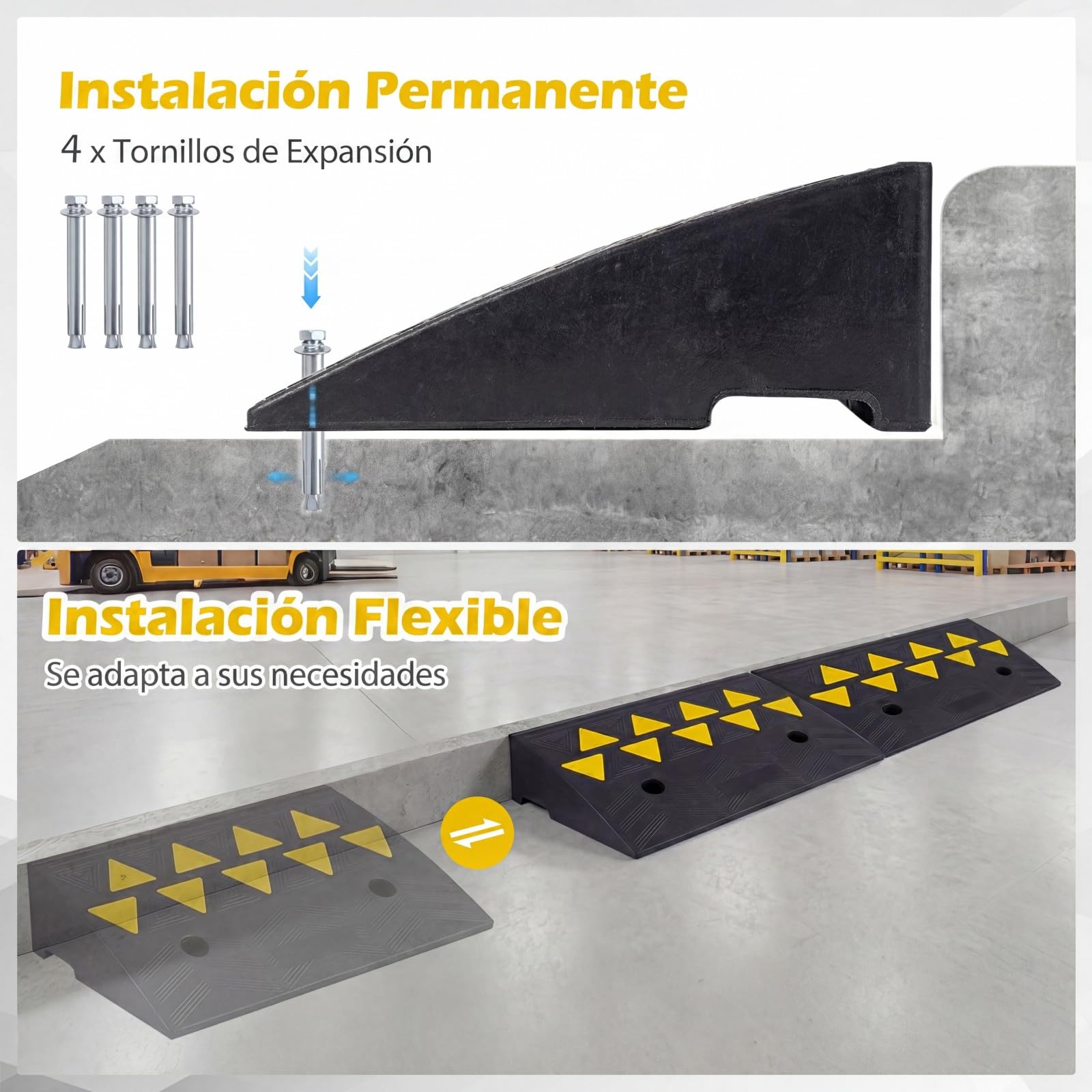 COSTWAY Juego de 2 Rampas para Coche, Rampas de Goma para Silla de Reudas con Marcas Amarillas Luminosas, Bordillos Antideslizantes para Calzadas, Aceras, Motos, Carga de 15 T (48 x 33 x 13 cm)