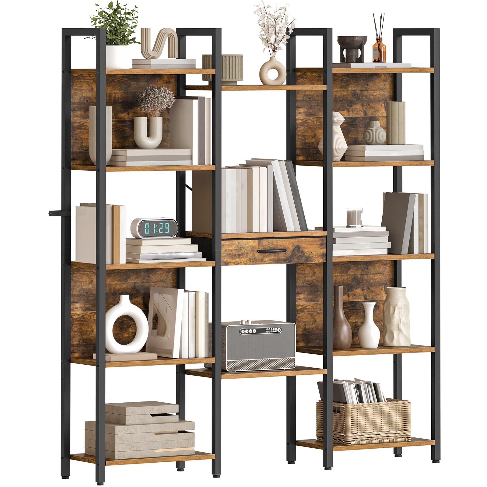 HOOBRO Triple Book Shelf BF160SJ01 in a living room setting, filled with books and decor.