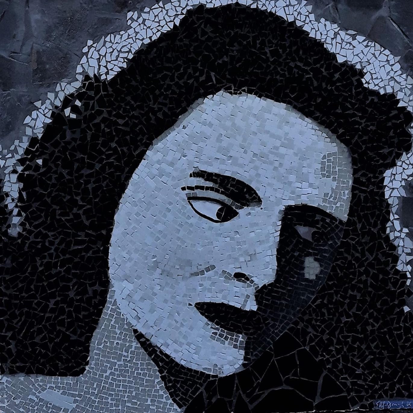 Handmade Amalia Queen of Fado Marble Mosaic Wall Art, Portrait Stone Mosaic Artwork, Hand-Cut Natural Marble Wall Décor