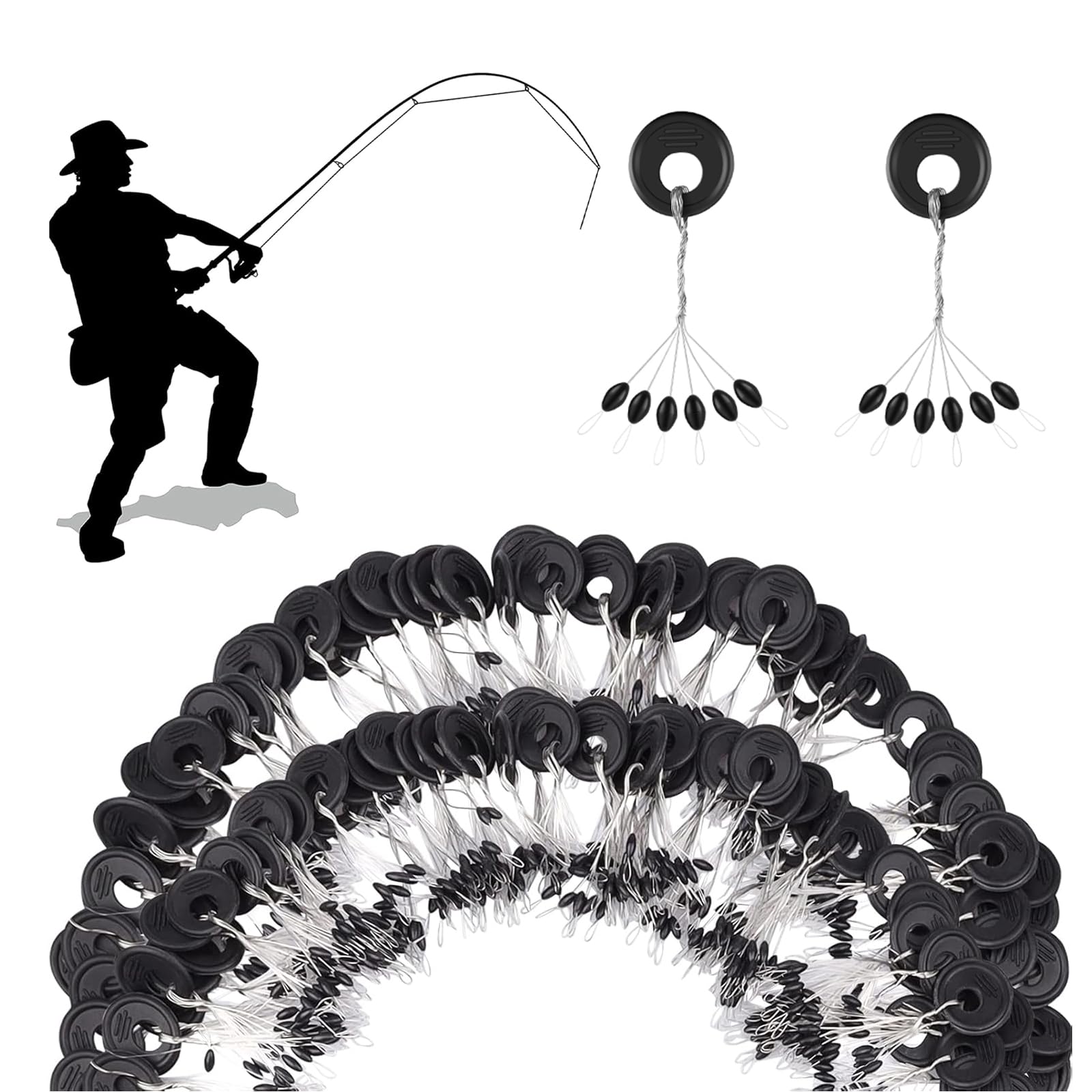 300 Tapón Flotador de Pesca de Goma, Tapón de Goma Cuerda de Cuerda Flotador de Pesca de Goma Tapón Flotador de Pesca 6 en 1, Negro