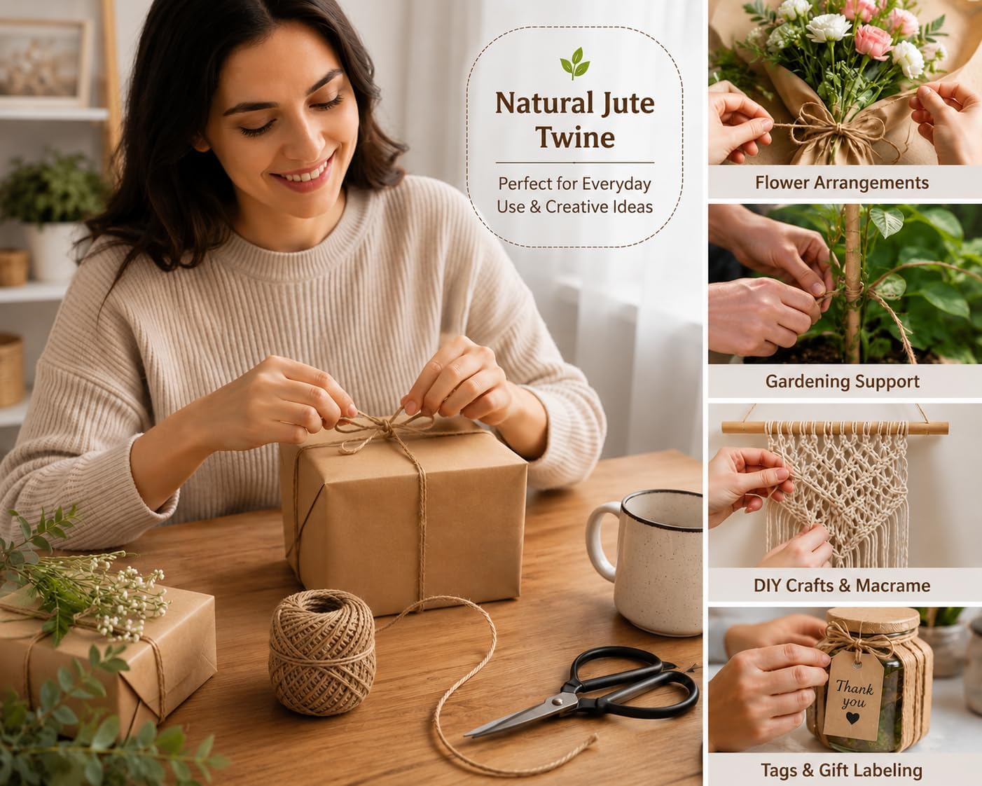 Natural Jute Twine String, 80 Ft 2 pcs Garden Twine for Gardening, Gift Wrapping, DIY Crafts, Packaging, Florists, Plant Support, Biodegradable Jute Rope, 2mm Thick