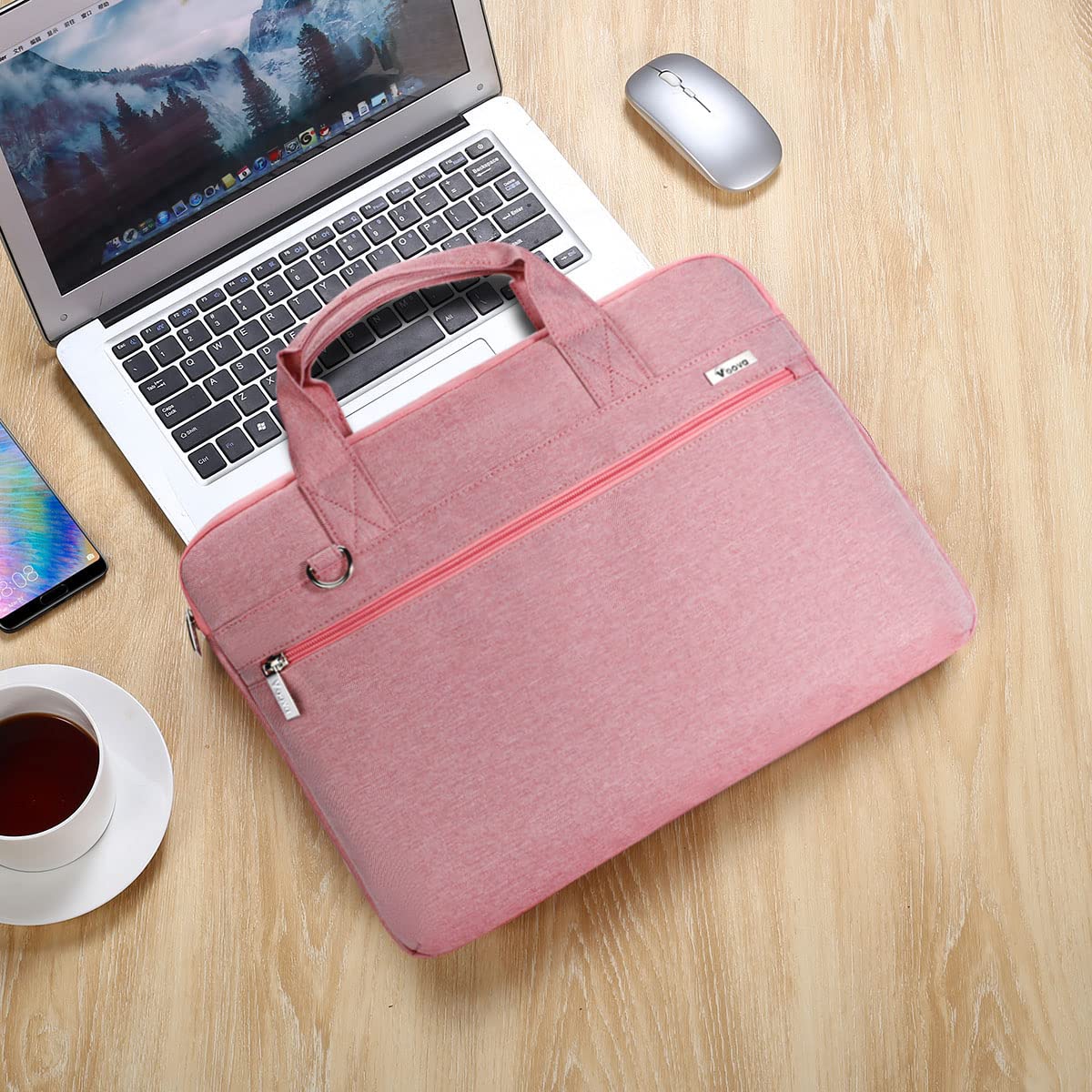Voova Laptoptas voor dames, notebook 14, 15,6, 16 inch, laptoptas, schoudertas, draagtas, 360 graden bescherming, waterdicht, schokbestendig, notebooktas, 15, 15,6 inch, roze