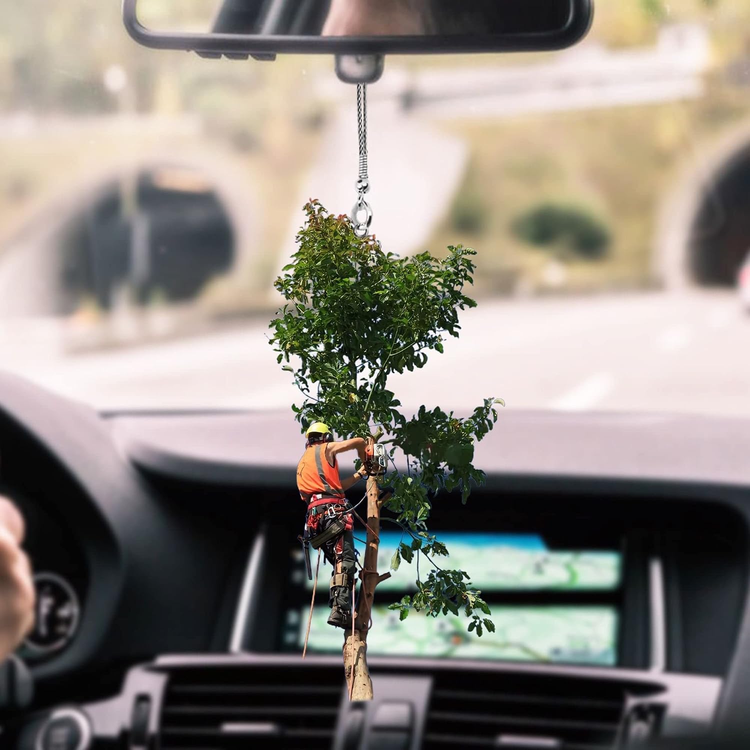 Realistic Arborist Climbing Tree to Cut Art Car Hanging Ornament, Decor for Lover Gift, 2D Decorative 2-Sided Accessories Rear View Mirror