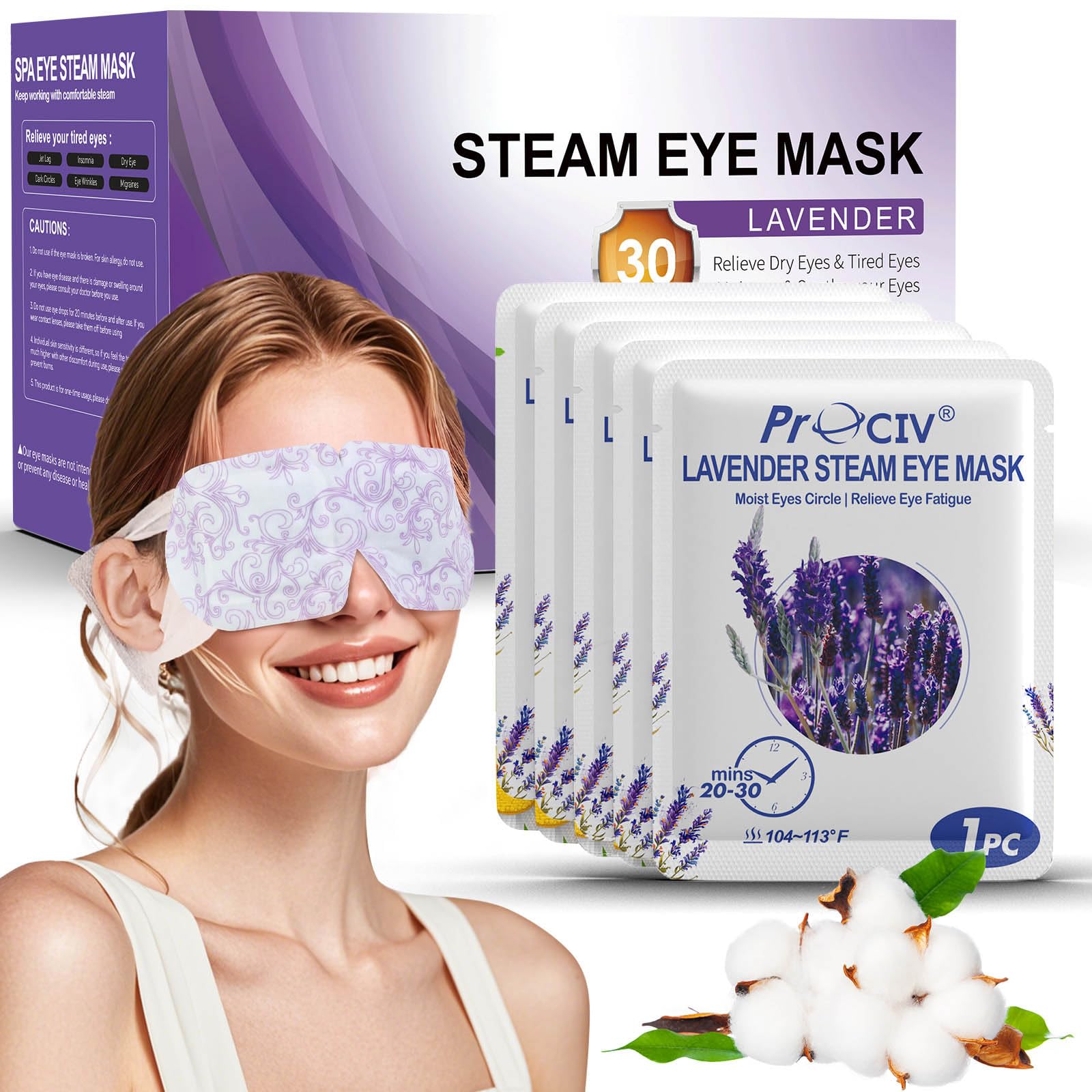 Confezione da 30 maschere per occhi al vapore, color lavanda, impacco caldo per occhi secchi, maschere per dormire, riscaldate automaticamente, rilassanti, per donne, calore umido, lenitiva